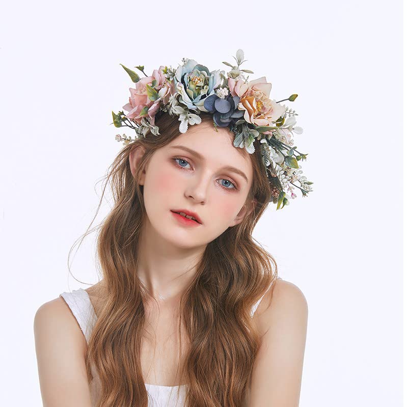 Faylay Flower Headband Wreath Pink & Blue Boho Hair Crown for Weddings & Festivals