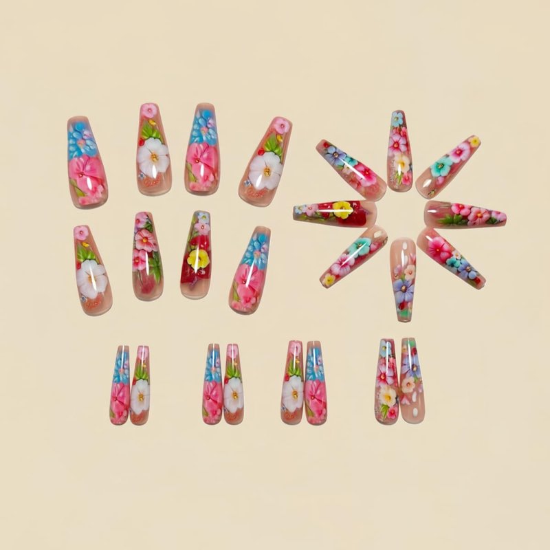 Flower Press On Nails - Medium Ballet Acrylic Nails with Green Leaf Design | 24PCS Full Cover Gel Fake Nails for Spring Manicure