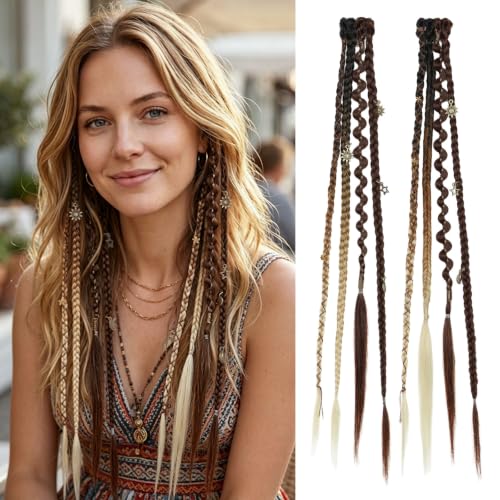 BOGSEA 2PCS Clip-In Braided Hair Extensions Brown to Blonde 16 Inch Boho Dreadlock