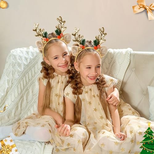 Ychelhr Gold Christmas Elk Antlers Headband - Glitter Xmas Hair Band for Girls & Women