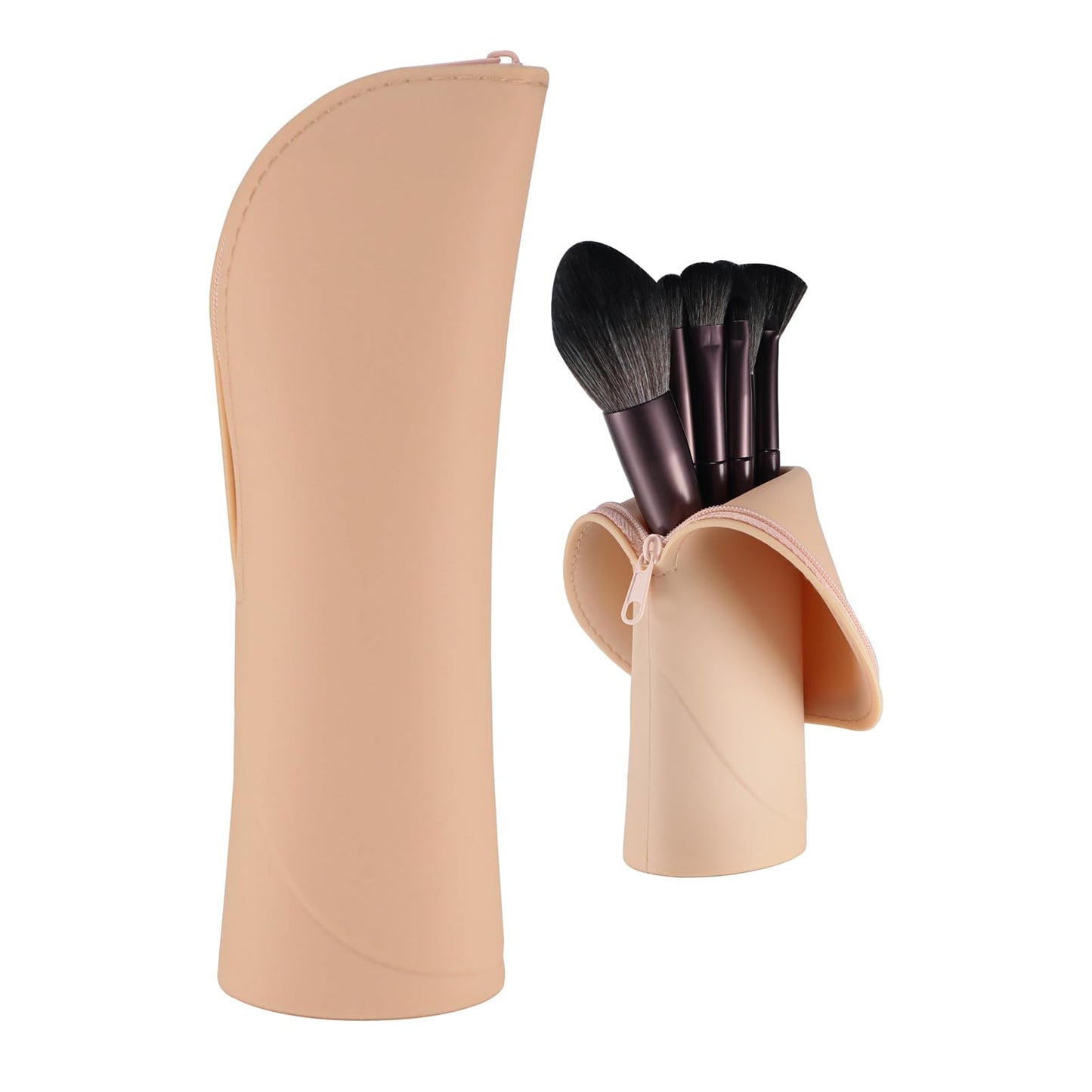 Kososuru Travel Makeup Brush Holder, Silicone Small Makeup Brush Case, Portable Stand-up Makeup Tools Cosmetic Bags for Women,Soft Waterproof Brushes Organizer with Zipper (Khaki)