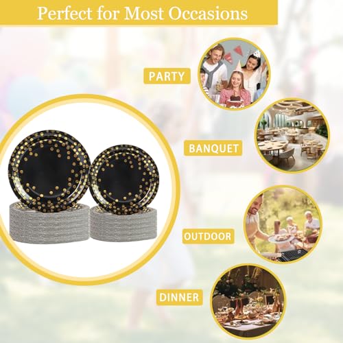 Black Paper Plates 9 Inch - 40 Count with Gold Foil Polka Dots