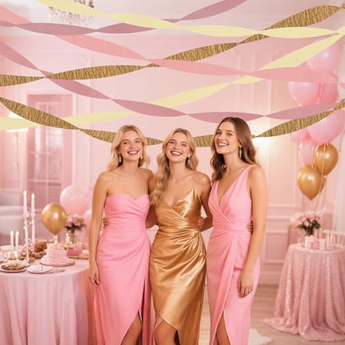 Pink Gold Crepe Paper Streamers - 8 Rolls for Parties & Events