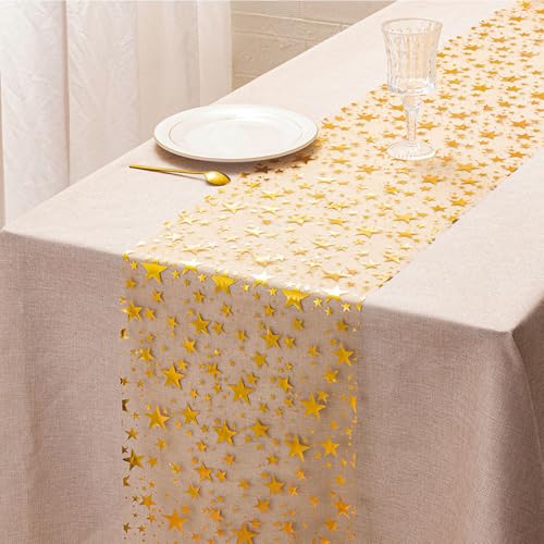 Gold Star Table Runner Set - 3 Rolls, 11" x 106" Polyester Decor