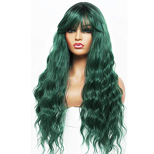 ANDRIA 26 Inch Ombre Green Wavy Wig with Bangs - Synthetic Heat Resistant Hair