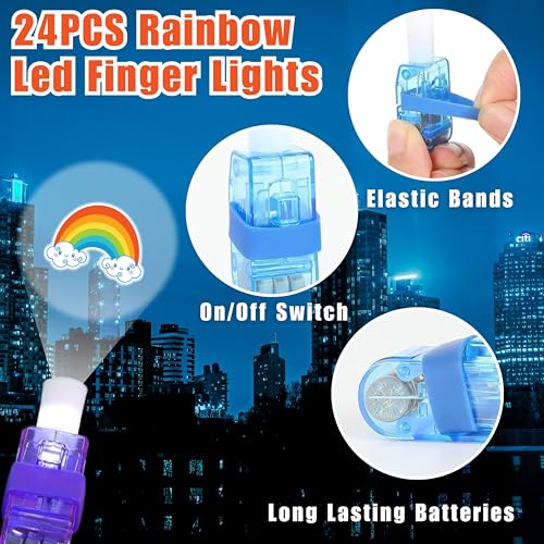 Rainbow Party Favors Set with 24 LED Finger Lights & 48 Glow Tattoos