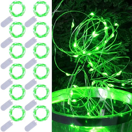 WATERGLIDE 12 Pack Battery Operated Mini Fairy String Lights - 7 ft, 20 LEDs, Waterproof Silver Wire, Green