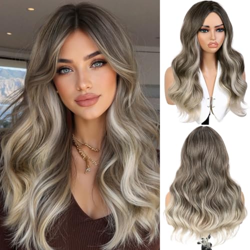 WIGER Long Ombre Blonde Wavy Wig with Dark Roots - Heat Resistant Synthetic