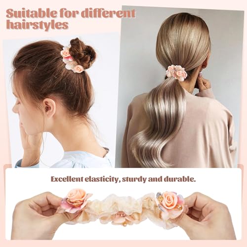 7-Piece Floral Mesh Rose Hair Scrunchies - Elegant Stretchy Hair Ties