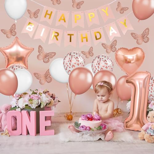 Rose Gold 1st Birthday Decoration Set with Foil Balloons & Banner