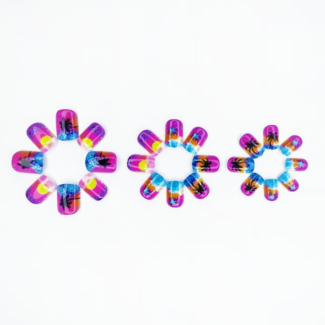Summer Press on Nails Short Square Fake Nails with Summer Sunset Coconut Trees Design Spring Nails Blue French Tips Glue on Nail Full Cover Glossy Reusable Summer False Nail for Women Manicure 24Pcs