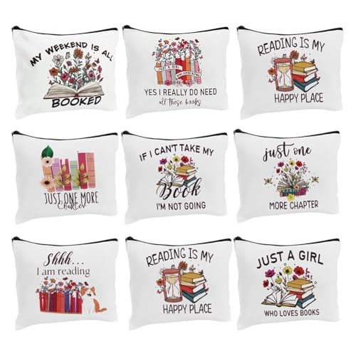 8-Pack Book Lovers Makeup Bags Set | Floral Design Cosmetic Bags