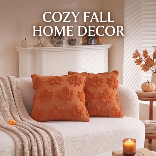 Set of 2 Orange Maple Leaf Pillow Covers 18"x18" for Fall Decor
