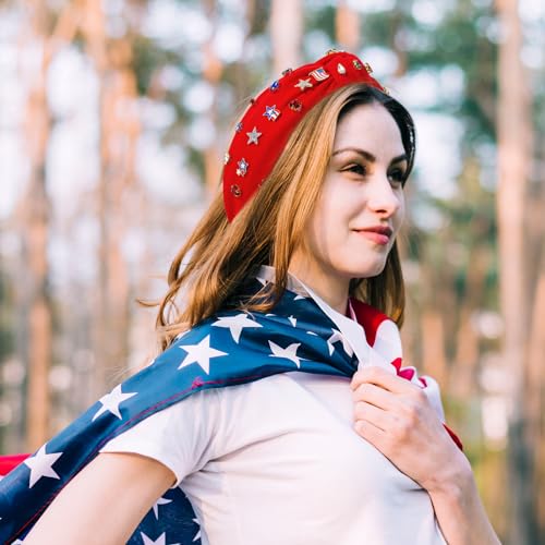 4th of July Headbands for Women - 2 Pcs Red & Blue Rhinestone USA Flag Hair Hoops
