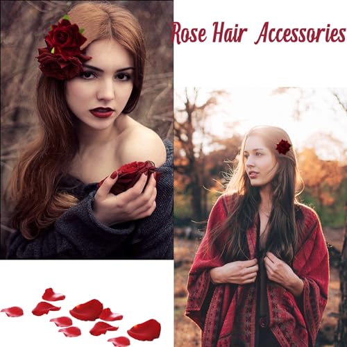 6Pcs Burgundy Rose Hair Clips & Brooch Set for Weddings and Parties