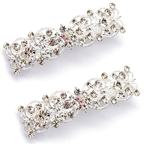LUXXII 2 Pack Silver Rhinestone Hair Barrettes for Bridal & Special Occasions