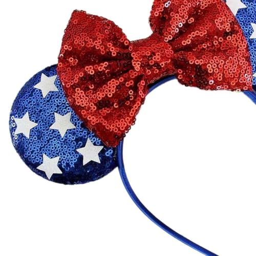 Roffiy Star 4th of July Headband – Red Glitter Bow, Blue Ears with White Stars
