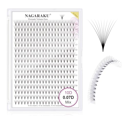 NAGARAKU 10D-0.07-D Curl Premade Eyelash Fans 9-14mm Mix, Sharp Narrow Stem, Matte Black