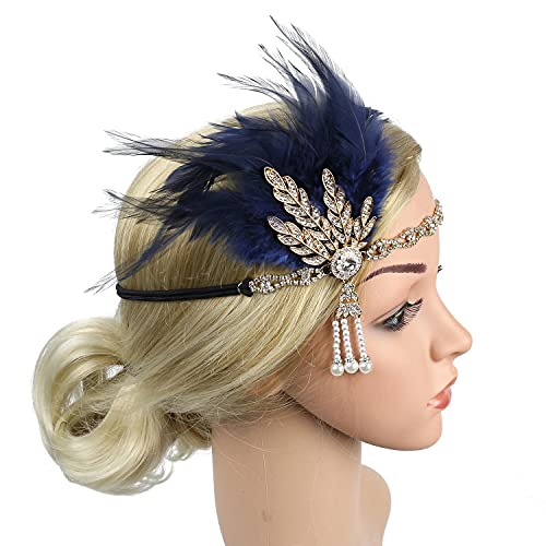 StarDY Vintage 1920s Flapper Feather Headband - Blue & Gold