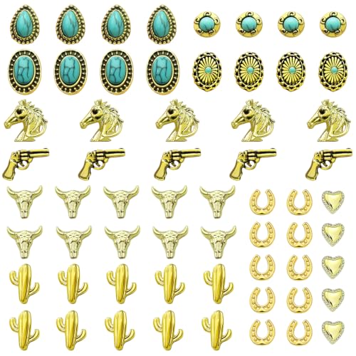 Gold Western Nail Charms Set 61pcs Cowboy Cowgirl 3D Turquoise & Metal Embellishments