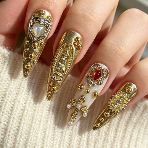 TENPAL Long Stiletto Press-On Nails with Baroque Pearl & Celestial Charms