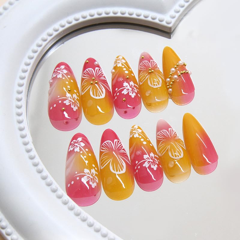 3D Embossed Hibiscus Press On Nails - Orange Pink Gradient, 24pcs