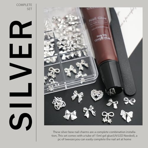YAEISM Silver Bow Nail Charms Kit 92PCS for Manicure & DIY Nail Art