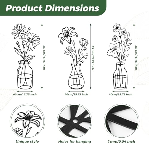 Metal Flower Wall Decor Set - 3 Pcs Wrought Iron Vases for Home