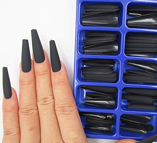 LoveOurHome 100pcs Matte Black Long Coffin Press-On Nails with Case