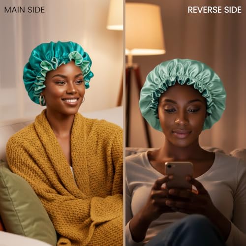 Silk Satin Reversible Sleep Hair Bonnet - Pretty Robes, Teal/Mint