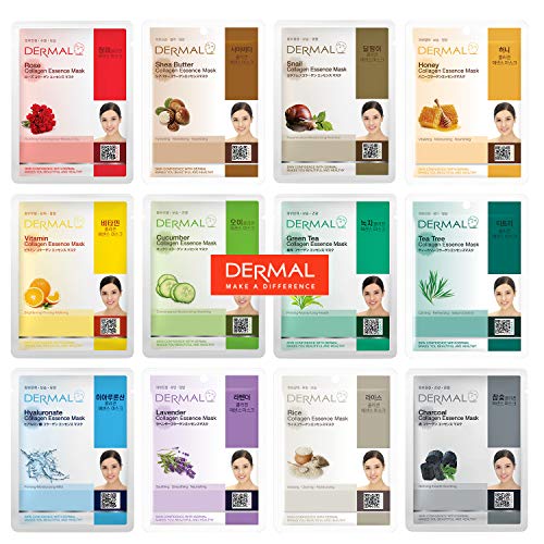 DERMAL 12 Pack Collagen Essence Korean Face Masks - Hydrating & Soothing