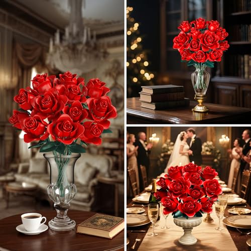 DIY Red Rose Flower Bouquet Building Set - 12 Adjustable Blooms
