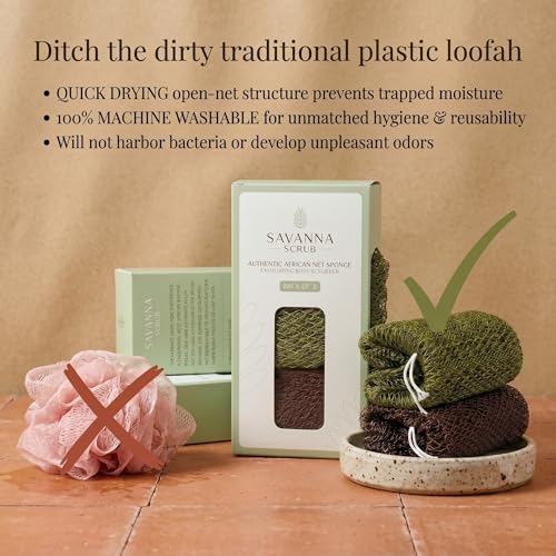 Savanna Scrub Authentic African Net Sponge - Brown & Green Exfoliating Back Scrubber, 2 Pieces