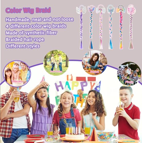 6 Pcs Rainbow Braided Hair Extensions for Girls - Colorful Ponytails with Bows