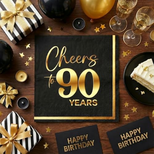 Cheers to 90 Years - 50PCS Black & Gold 3-Ply Cocktail Napkins