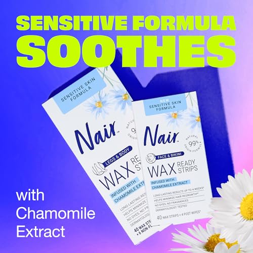 Nair Sensitive Hair Remover Mess-Free Wax Ready Strips, Legs and Body Easy Hair Removal Wax Strips for Sensitive Skin, Chamomile Extract, Dermatologist Tested, Plus 6 Post Wipes, 40 Count