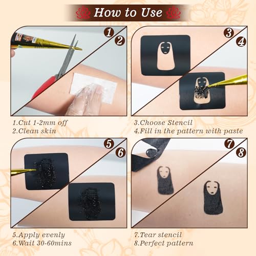 ZPTYCHZ 95 PCS Temporary Tattoo Stencil Kit - 6 Inks (3 Black, 2 Brown, 1 Red) with Gloves & Wipes