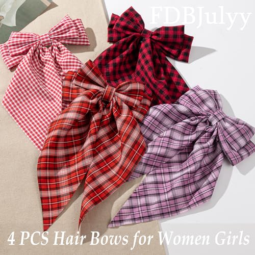 FDBJulyy 4 Pcs Hair Bows for Women & Girls - Red, Wine, Purple & Checkerboard Red
