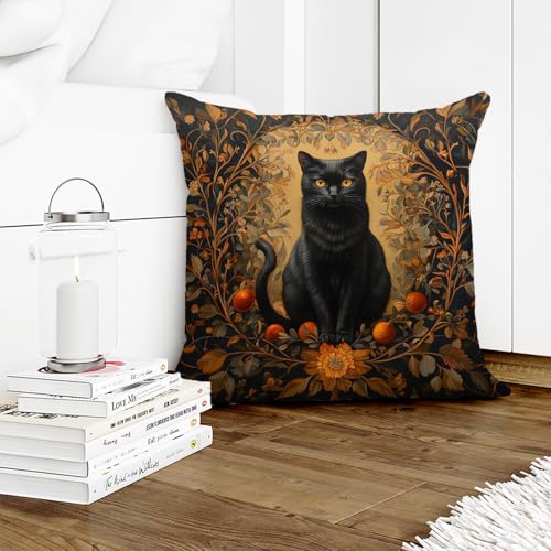 William Morris Black Cat Throw Pillow Cover - 18x18 Inch Flannel