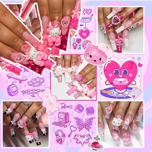 Pink Nail Charm Set - 3D Gummy Bear, Butterfly & Bow Designs