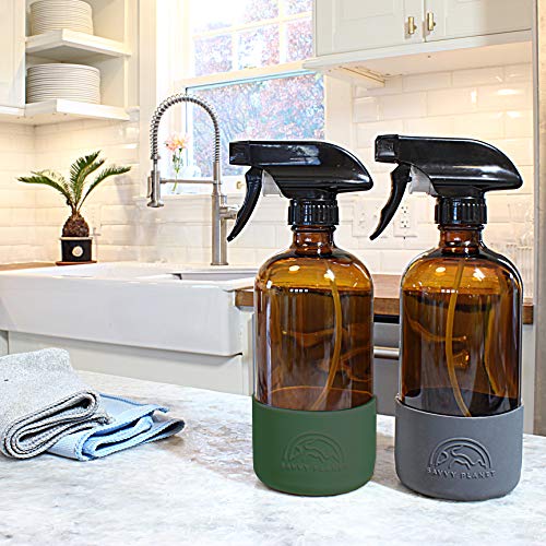 16 oz Amber Glass Spray Bottles with Silicone Sleeve - 2 Pack