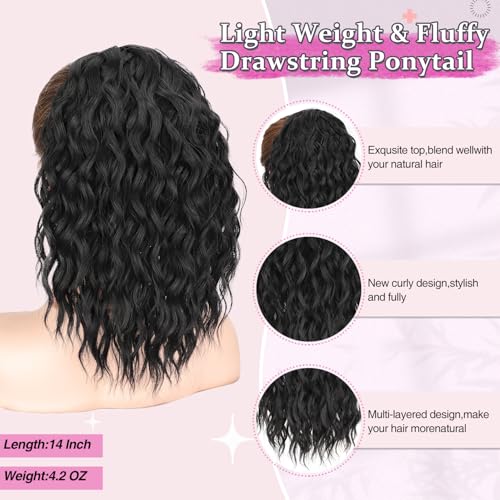 14 Inch Natural Black Curly Ponytail Extension - Drawstring Synthetic Hair