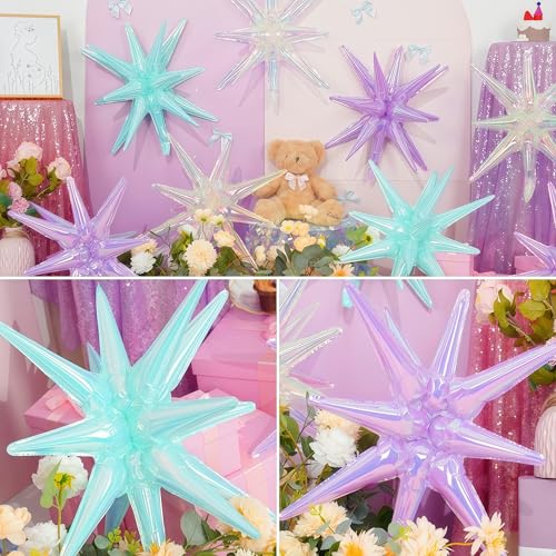 Iridescent Star Balloons - 6 Pcs Holographic Party Decor, 22 Inch