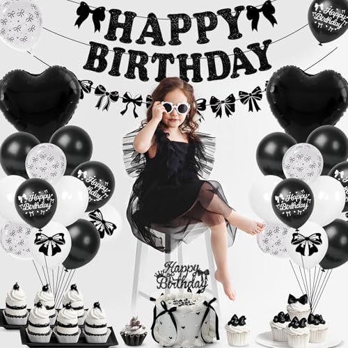 Black Bow Birthday Party Decorations Set - 35pcs Kit with Banner, Balloons, Cake Topper & Accessories