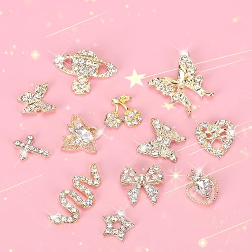 Cublive 24PCS Y2K Nail Charms with Rhinestones - Heart, Butterfly & Cherry