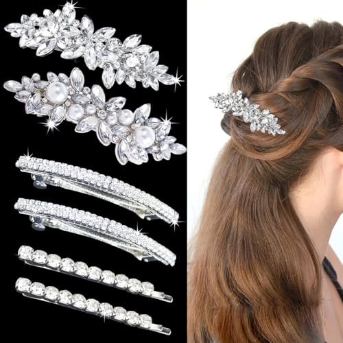 6 Pcs Hair Barrettes for Women Flower Pearl Hair Clips Sliver Crystal Bridal Set