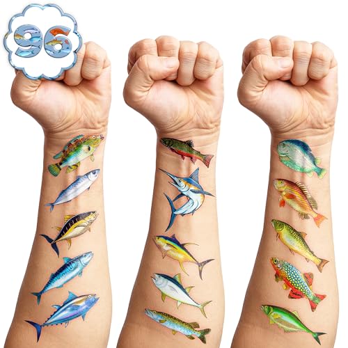 MeoIsDaBest 96 PCS Gone Fishing Kids Temporary Tattoos – Party Favors, Safe & Pre-Cut, Vibrant Designs, Kids’ Birthday Decor (Normal)