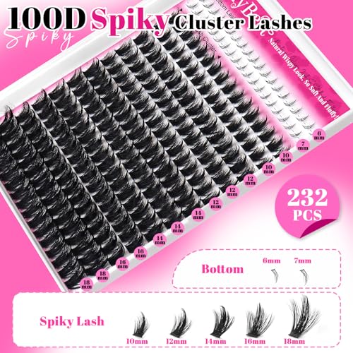 MilyBest 100D Manga Lash Clusters with Spikes & Bottom Lashes - 232pcs, 10-18mm D-Curl, Faux Mink, Reusable, DIY Glam
