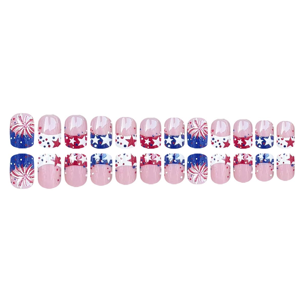 24Pcs 4th of July Press-On Nails | Short Square French Tip with Patriotic Red, White, and Blue Designs