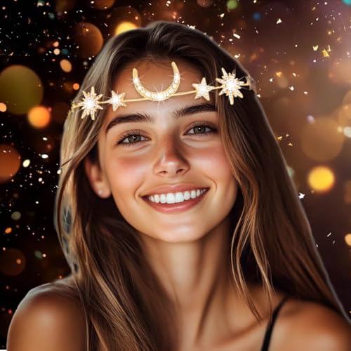 Gold Star Moon Headband with Rhinestones and Crystal Head Chain for Weddings